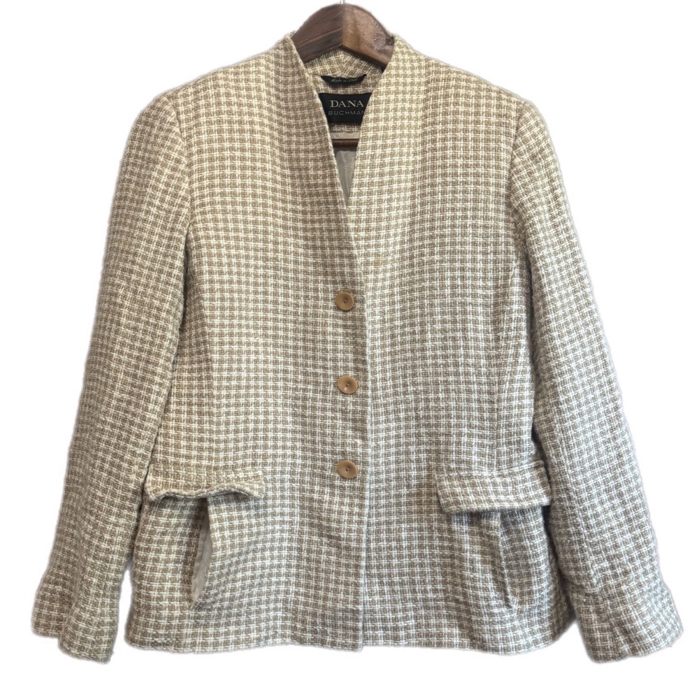 Dana Buchman Blazer Womens 12 Tan White Excellent Cotton Linen Made in Italy
